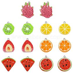 28Pcs 7 Styles Fruit Theme Spray Painted Opaque Resin Pendants, Imitation Food, with Platinum Tone Iron Loops, Mixed Shapes, 27.5~33x22~28x5~5.5mm, Hole: 2mm, 4pcs/style(RESI-FS0002-43)