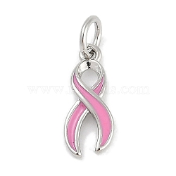 Brass Enamel Charms, with Jump Ring, Awareness Ribbon Charms, Long-Lasting Plated, Lead Free & Cadmium Free, Rack Plating, Platinum, Pearl Pink, 13.5x5.5x2mm(KK-Q028-30P-02)