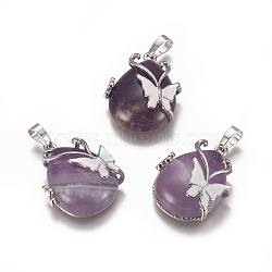 Natural Amethyst Pendants, with Enamel and Brass Findings, teardrop, with Butterfly, Platinum, 30x23.5x12mm, Hole: 10x6mm(G-K296-B08)
