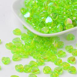 Eco-Friendly Transparent Acrylic Beads, Heart, Spring Green, AB Color, about 8mm in diameter, 3mm thick, hole: 1mm, about 2800pcs/500g(PL539-835)