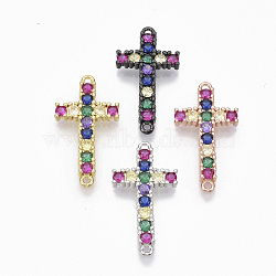 Brass Micro Pave Cubic ZirconiaLinks connectors, Cross, Colorful, Mixed Color, 32.5x16.5x3mm, Hole: 1.5mm(ZIRC-T012-92)