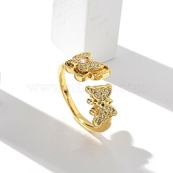 Brass Micro Pave Cubic Zirconia Cuff Finger Rings for Women, Butterfly, Real 18K Gold Plated, US Size 7 1/4(17.5mm)(RJEW-B112-15G)