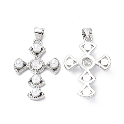 Eco-Friendly Brass Micro Pave Cubic Zirconia Pendants, with Plastic Imitation Pearls, Cadmium Free & Lead Free, Long-Lasting Plated, Fan Cross Religion Charm, Platinum, 25x17x4.5mm, Hole: 5x3.5mm(KK-F845-42P)