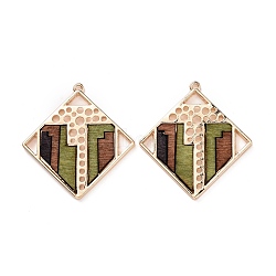Alloy Pendants, with Dyed Wood, Rhombus with Geometric Pattern, Light Gold, 41x39x2.5mm, Hole: 1.6mm(FIND-A006-08KCG)