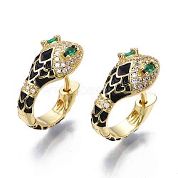 Green Cubic Zirconia Snake Huggie Hoop Earring, Real 18K Gold Plated Brass Enamel Chunky Hoop Earrings for Women, Nickel Free, Black, 20x18.5x10mm, Pin: 1.5mm(EJEW-N011-46A-NF)