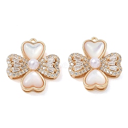 Brass Micro Pave Clear Cubic Zirconia Pendants, with Shell & ABS Plastic Imitation Pearl, Clover Charms, Real 18K Gold Plated, 15.5x14x5mm, Hole: 0.9mm(KK-CBA61F8-07G)