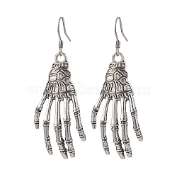 Halloween Themed Skull Hand Dangle Earrings, with 304 Stainless Steel Earring Hooks, Antique Silver & Stainless Steel Color, 50x21.5mm(EJEW-JE06070)