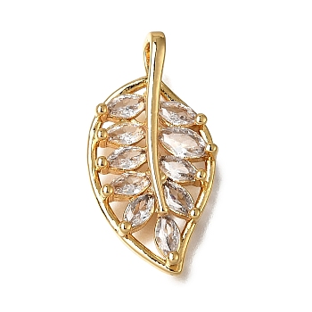 Brass Micro Pave Clear Cubic Zirconia Pendants, Leaf Charms, Nickel Free, Real 18K Gold Plated, 21.5x11x3~4mm, Hole: 2x1.5mm