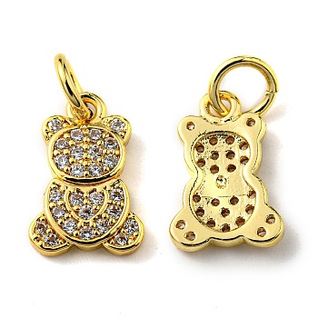 Rack Plating Brass Micro Pave Cubic Zirconia Charms, with Jump Ring, Bear, Real 18K Gold Plated, 12x8x1.5mm, Hole: 3mm