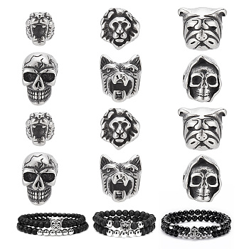 12Pcs 6 Style 304 Stainless Steel Beads, Mixed Shapes, Antique Silver, 10~14x8~13x9~11mm, Hole: 1.5~2mm, 2pcs/style