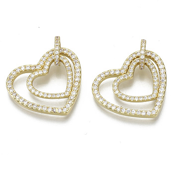 Brass Micro Pave Cubic Zirconia Pendants, with Tube Bails, for Valentine's Day, Nickel Free, Heart with Heart, Clear, Real 18K Gold Plated, Heart: 18.5x21x2mm, Heart: 11.5x13x2mm, Ring: 8x1.5mm, hole: 5mm