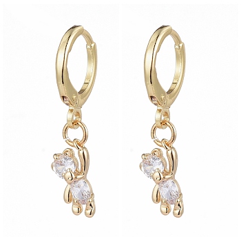 Brass Huggie Hoop Earrings, with Clear Cubic Zirconia and Cardboard Boxes, Bear, Clear, Real 18K Gold Plated, 28mm, Pin: 0.8mm, Bear:12x6x3.5mm