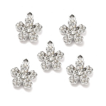 Alloy Rhinestone Pendants, Platinum Tone Flower Charms, Crystal, 19x16x4mm, Hole: 2.5mm