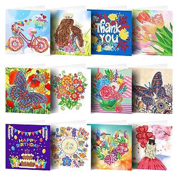 DIY Diamond Painting Greeting Card Kits, Including Canvas Bag, Resin Rhinestones, Pen, Tray & Glue Clay, Rectangle, Mixed Color, 300x150mm, 12pcs/set