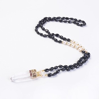 Natural Black Tourmaline and Natural Quartz Crystal Pendant Necklaces, with Pearl and Brass Findings, Bullet, 31.5 inch~32.3 inch(80~82cm), Pendant: 45~55x15x10mm