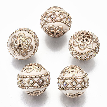 Handmade Indonesia Beads, with Crystal AB Rhinestone and Golden Tone Brass Findings, Round, Old Lace, 19~20x19~21mm, Hole: 1.2~1.5mm