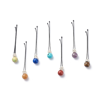 Eco-Friendly Copper Wire Wrapped Round Gemstone Hair Bobby Pin, with Stainless Steel Findings, Silver, 60x1x8.5mm, 7pcs/set