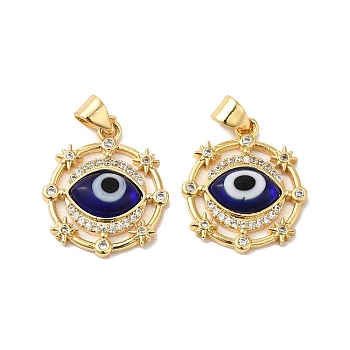 Handmade Evil Eye Lampwork Pendants, with Brass Cubic Zirconia Finding, Cadmium Free & Lead Free, Real 18K Gold Plated, Flat Round Charm, Dark Blue, 20.5x17.5x3.3mm, Hole: 3x4.3mm