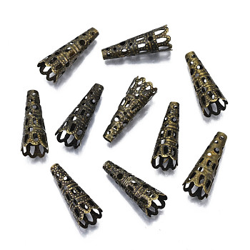 Iron Filigree Bead Cones, Nickel Free, Antique Bronze, 22x8~9mm, Hole: 2.5~3mm