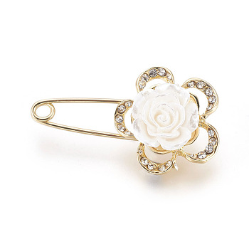 Golden Plated Alloy Brooches, with Rhinestone and Resin, Flower, Crystal, 39.5x23x12mm, Pin: 1mm