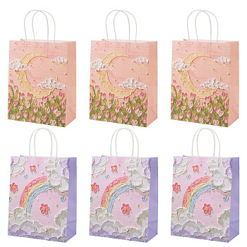 6Pcs 2 Colors Flower Printed Paper Gift Bags, with Handle, Rectangle, Mixed Color, 21x11x27cm, 3pcs/color