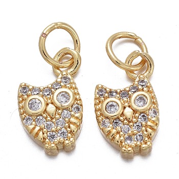 Brass Micro Pave Cubic Zirconia Charms, with Jump Rings, Owl, Clear, Real 18K Gold Plated, 12x7x2.5mm, Jump Rings: Inner Diameter: 3.5mm