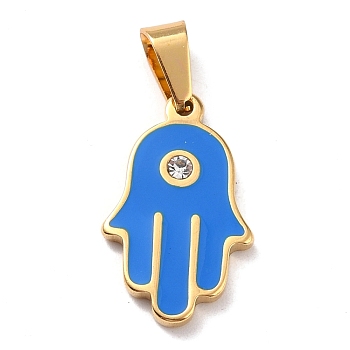 304 Stainless Steel Enamel Pendants, with Rhinestone and 201 Stainless Steel Bails, Hamsa Hand, Dodger Blue, 22x13x2.5mm, Hole: 3.8x7mm