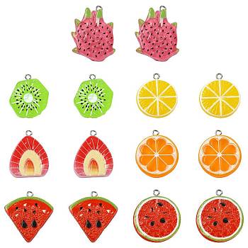 28Pcs 7 Styles Fruit Theme Spray Painted Opaque Resin Pendants, Imitation Food, with Platinum Tone Iron Loops, Mixed Shapes, 27.5~33x22~28x5~5.5mm, Hole: 2mm, 4pcs/style