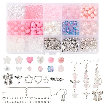 DIY Pink Earring Making Kit, Including Star & Polygon & Flower & Imitation Pearl Acrylic & Glass & Plastic Beads, Bowknot & Key Alloy Pendants, Brass Earring Hooks, Platinum, 600Pcs/set