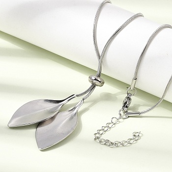 Adjustable 304 Stainless Steel Leaf Pendant Lariat Necklaces for Women, Tarnish Free, Stainless Steel Color, 18.72 inch(47.55cm)