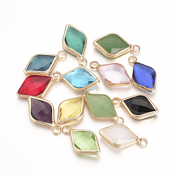 4Pcs Glass Pendants, with Brass Findings, Faceted, Rhombus, Nickel Free, Raw(Unplated), Mixed Color, 18x10x4.5mm, Hole: 2mm