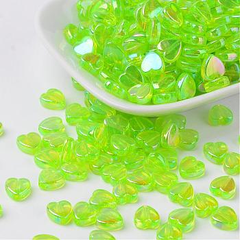 Eco-Friendly Transparent Acrylic Beads, Heart, Spring Green, AB Color, about 8mm in diameter, 3mm thick, hole: 1mm, about 2800pcs/500g