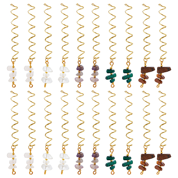 6 Sets 5 Styles Natural Tiger Eye & Rose Quartz & Amethyst, Opalite & Synthetic Malachite Chip Big Pendants, , with Golden Toine Copper Wire, 70~73mm, Hole: 2mm, 1pc/style, 5pcs/set