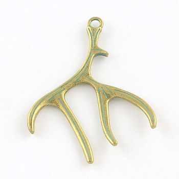 Deer Antler Zinc Alloy Big Pendants, Cadmium Free & Nickel Free & Lead Free, Antique Bronze & Green Patina, 51.5x40x2mm, Hole: 3mm