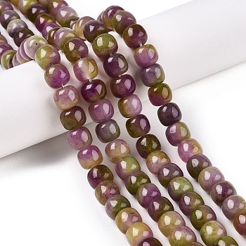 Dyed Natural White Jade Beads Strands, Two Tone, Barrel Beads, Olive, 10x8.5~9mm, Hole: 1mm, about 43~45pcs/strand, 14.76~15.6''(37.5~39cm)