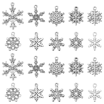 60Pcs 10 Style Tibetan Style Alloy Pendants, Snowflake, Antique Silver, 18~28.5x13~22x1.5~2.5mm, Hole: 1.2~1.8mm, 6pcs/style 