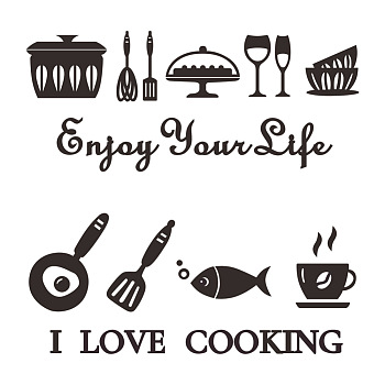 Elecrelive 2Set 7Pcs 3D Tableware Theme Acrylic Self-adhesion Mirror Wall Stickers, with Word I LOVE COOKING, for Home Kitchen Wall Decorations, Black, 150~200x150~200x0.8mm and 274~275x624mm, 1set/style, 2set
