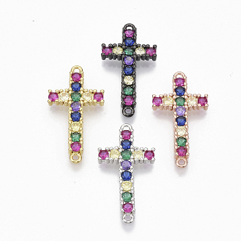 Brass Micro Pave Cubic ZirconiaLinks connectors, Cross, Colorful, Mixed Color, 32.5x16.5x3mm, Hole: 1.5mm