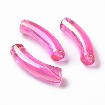 UV Plating Transparent Rainbow Iridescent Acrylic Beads, Curved Tube, Camellia, 32~33x10x8mm, Hole: 1.6mm
