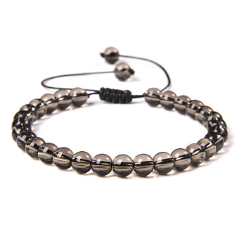 Natural Smoky Quartz Round Bead Adjustable Braided Bracelets, 6mm