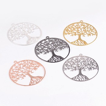 Filigree Tree of Life Brass Pendants, Mixed Color, 39x36x0.6mm, Hole: 2mm