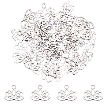 30Pcs 304 Stainless Steel Charms, Lotus Charms, Stainless Steel Color, 7.5x9.5x1mm, Hole: 1.4mm