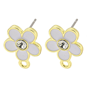 Rack Plating Alloy Stud Earring Finding, with Rhinestone, Cadmium Free & Nickel Free & Lead Free, Flower, White, 17x13mm, Hole: 1.8mm, Pin: 10.5x0.5mm