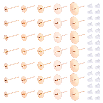 DICOSMETIC 50Pcs 5 Size 304 Stainless Steel Stud Earring Findings, For Half Drilled Beads, Flat Round, with 60Pcs Plastic Ear Nuts, Rose Gold, 13~14x4~10mm, Pin: 0.8mm, 10Pcs/style