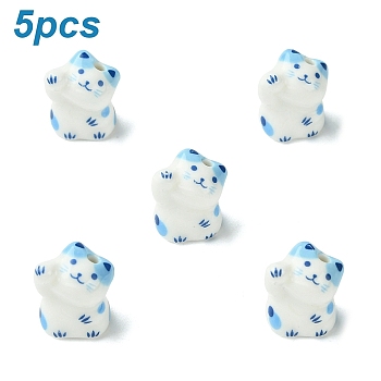 5Pcs Handmade Bright Glazed Porcelain Beads, Cat Shape, Light Sky Blue, 20mm