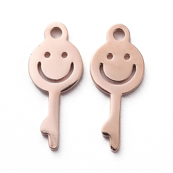 Vacuum Plating 304 Stainless Steel Charms, Cut-Out, Manual Polishing, Hollow, Key with Smile, Rose Gold, 13x5.5x1mm, Hole: 1mm