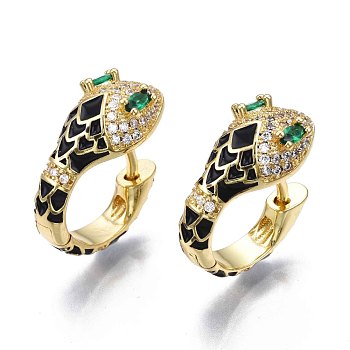 Green Cubic Zirconia Snake Huggie Hoop Earring, Real 18K Gold Plated Brass Enamel Chunky Hoop Earrings for Women, Nickel Free, Black, 20x18.5x10mm, Pin: 1.5mm