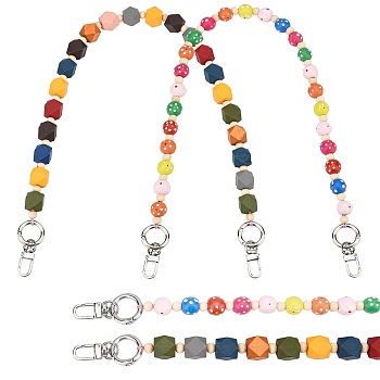 PandaHall Elite 4Pcs 2 Style Bag Handles, with Polygon Natural Wood Beads, Platinum Alloy Spring Gate Rings & Swivel Clasps, for Bag Straps Replacement Accessories, Colorful, 23.81 inch(60.5cm)~24.01 inch(61cm), 2pcs/style