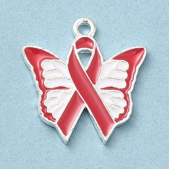 Breast Cancer Pink Awareness Ribbon Theme Alloy Enamel Pendants, Silver, Butterfly, 20.5x19.5x1.5mm, Hole: 1.5mm