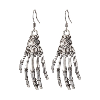 Halloween Themed Skull Hand Dangle Earrings, with 304 Stainless Steel Earring Hooks, Antique Silver & Stainless Steel Color, 50x21.5mm